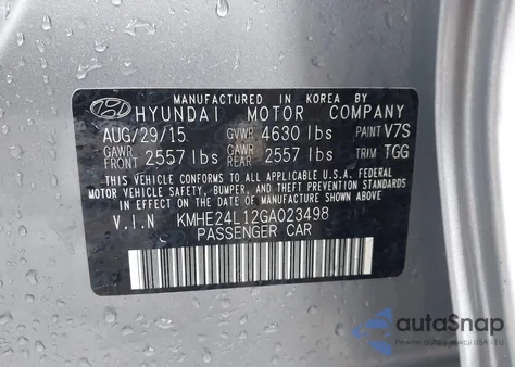 2016 Hyundai Sonata Hybrid Se z USA, uszkodzony, nr VIN KMHE24L12GA023498